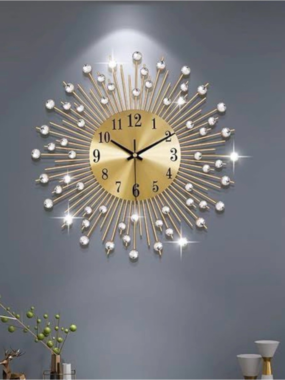 Radiant Gold Sunburst Wall Clock with Crystal Accents